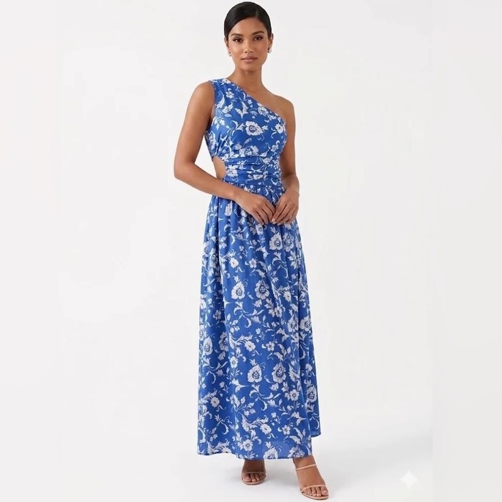 Abercrombie & Fitch One Shoulder Blue Floral Cut Out Maxi Dress